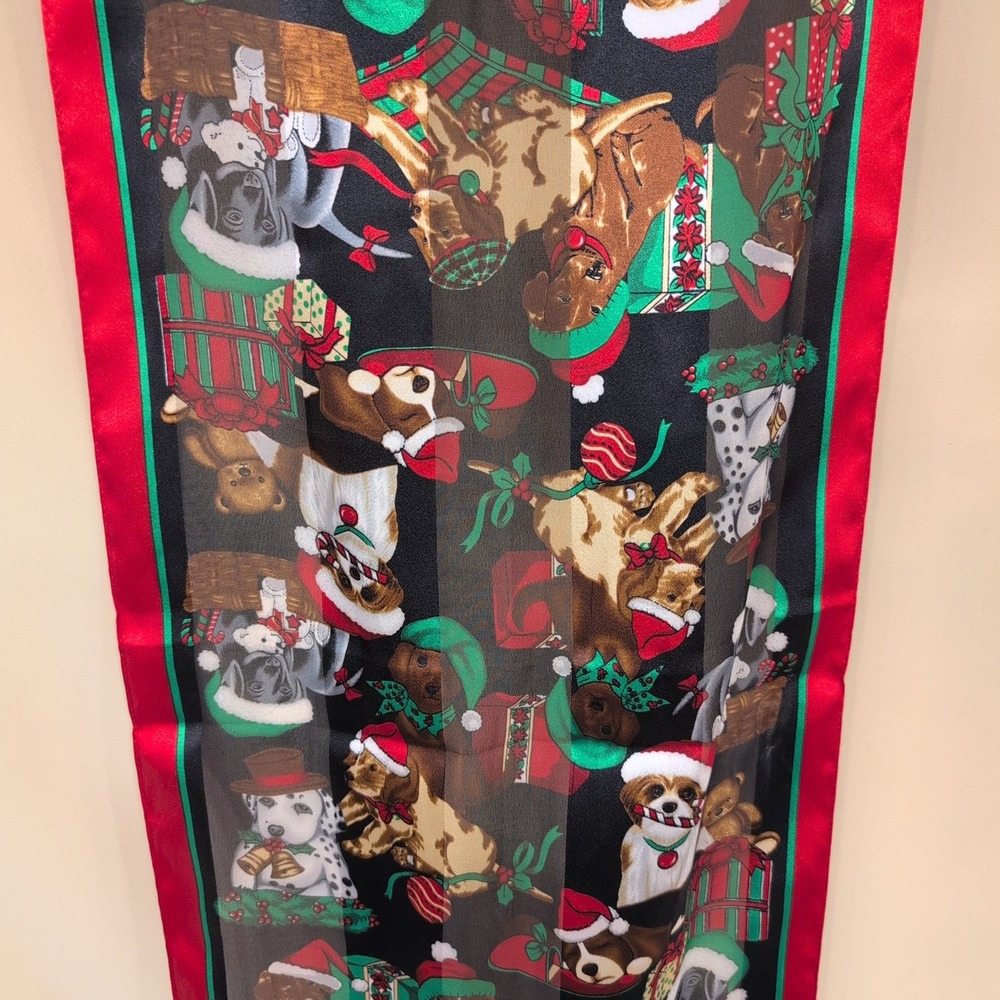 Christmas Dogs Puppies Holiday Scarf Black Red Border Oblong Polyester - Picture 3 of 6